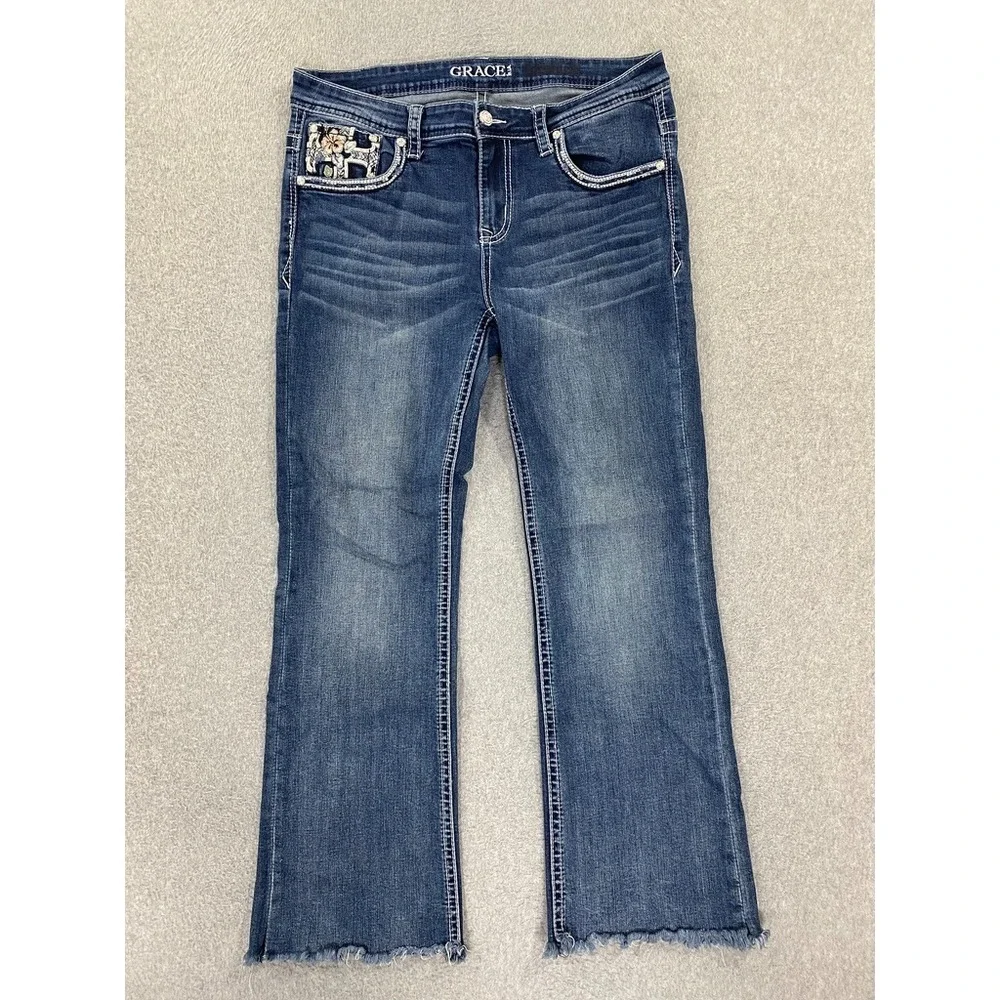 Grace In LA Womens Size 14 Denim Jeans w/Embroidery Cross Pockets Bling Studs